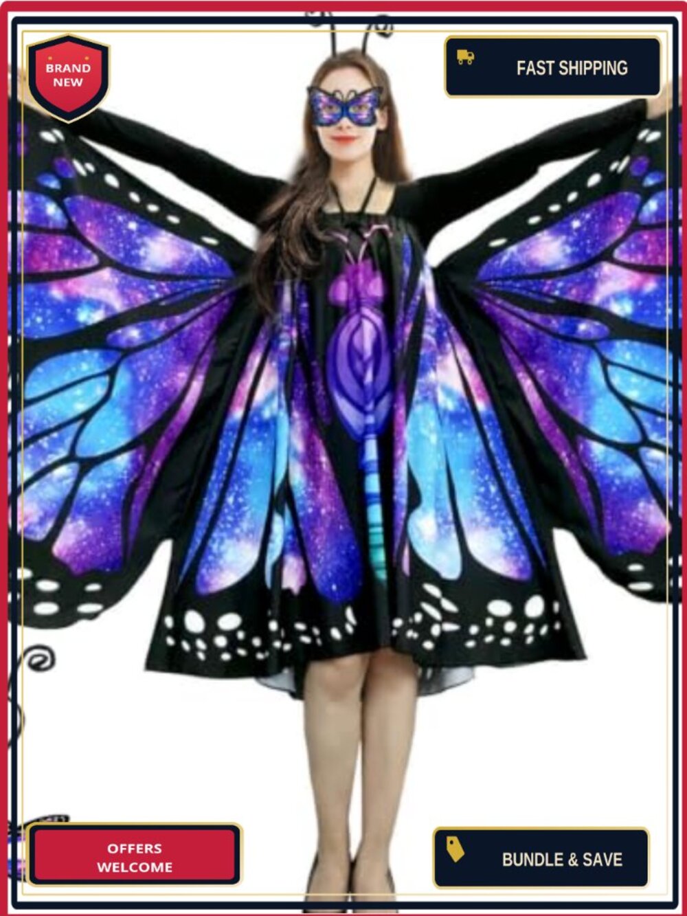 Women 2-in-1 Butterfly Wings Cape Dress Costume Mask Headband